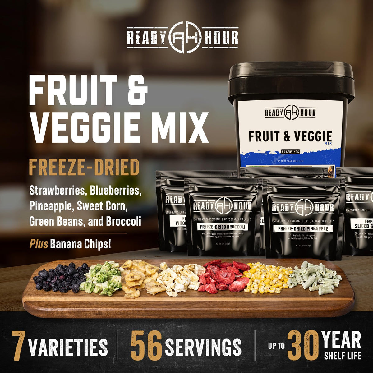 Ready Hour, Fruit & Veggie Mix, Non-Perishable Freeze-Dried Food, 30-Year Shelf Life, Portable Emergency and Adventure Food Supply, Durable Flood