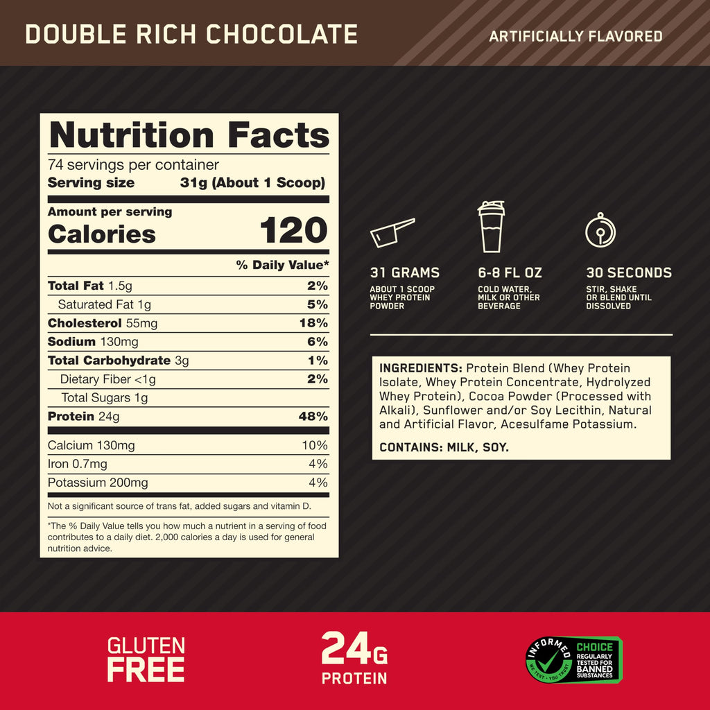Optimum Nutrition Gold Standard Whey Protein, Double Rich Chocolate, 5 LB