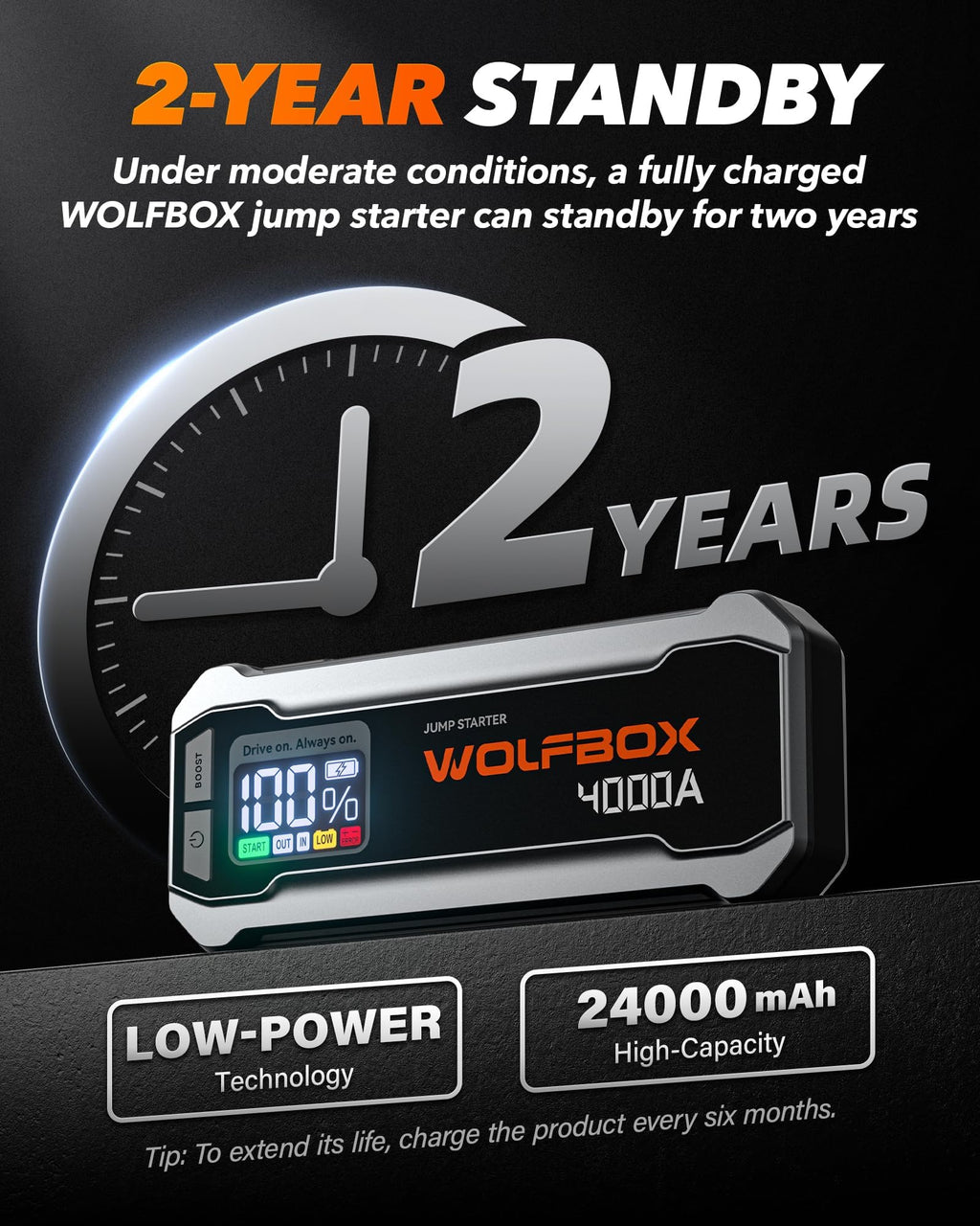 WOLFBOX 4000A &88.8Wh Battery Jumper Starter Portable(10L/10L),with Booster