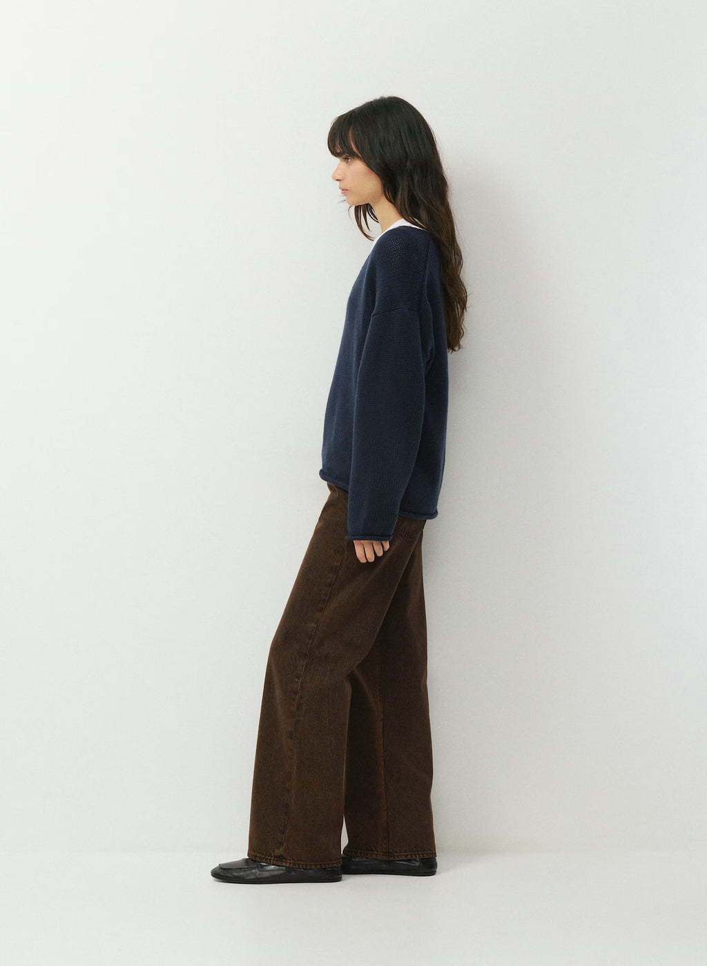 Cotton Cashmere Hip-Length Sweater - Navy