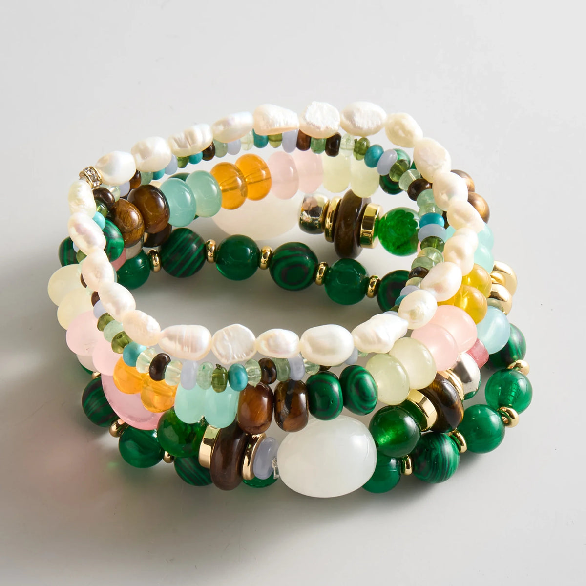 Five-Piece Beaded Stretch Bracelet Set - Cool Tones