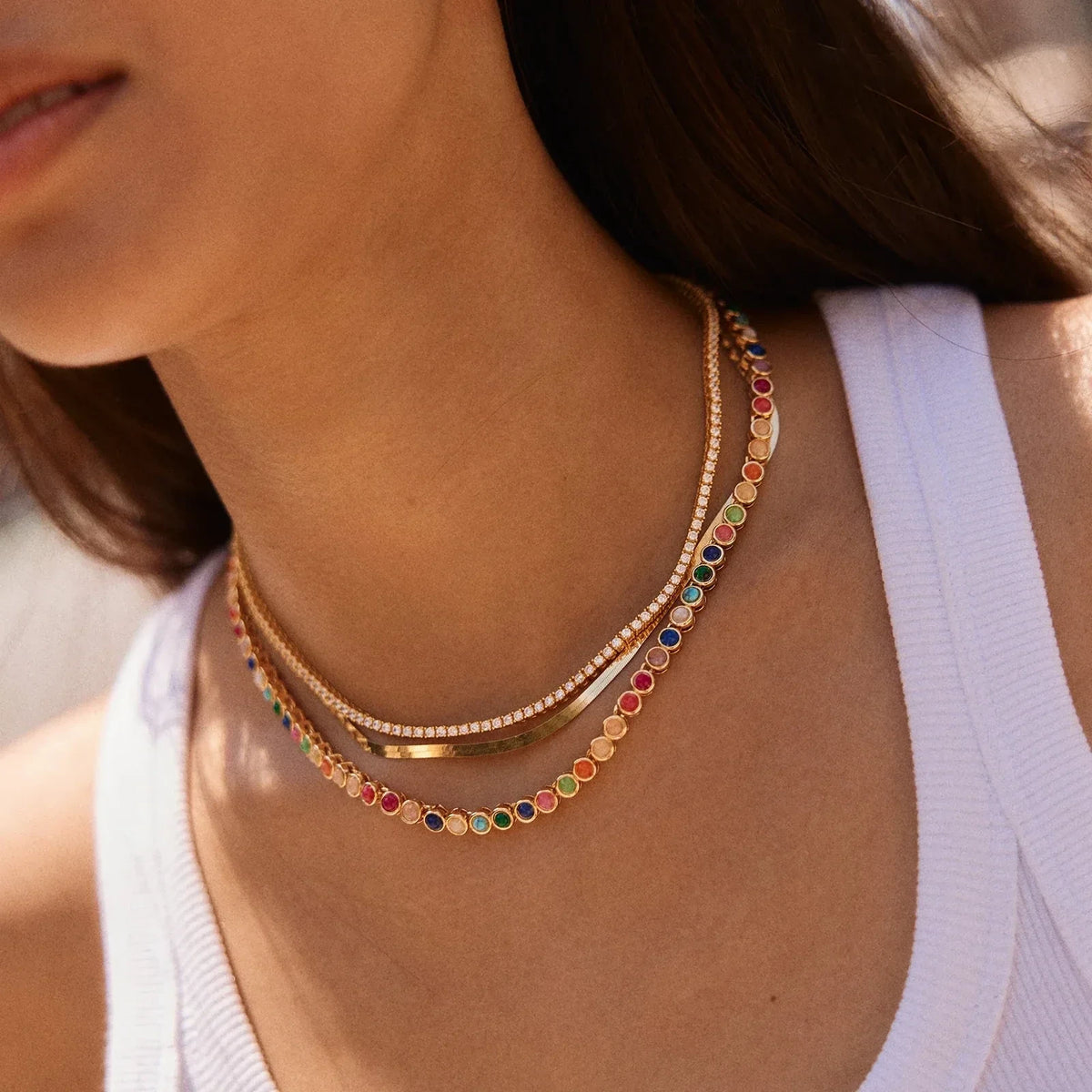 Multicolor Stone Tennis Necklace - Gold