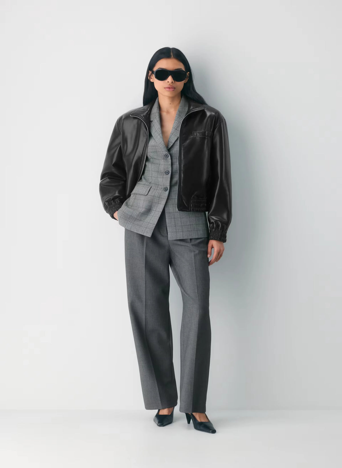 Single-Breasted Stretch Blazer - Brown Check