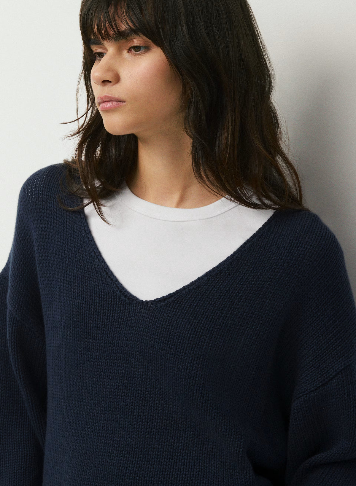 Cotton Cashmere Hip-Length Sweater - Navy