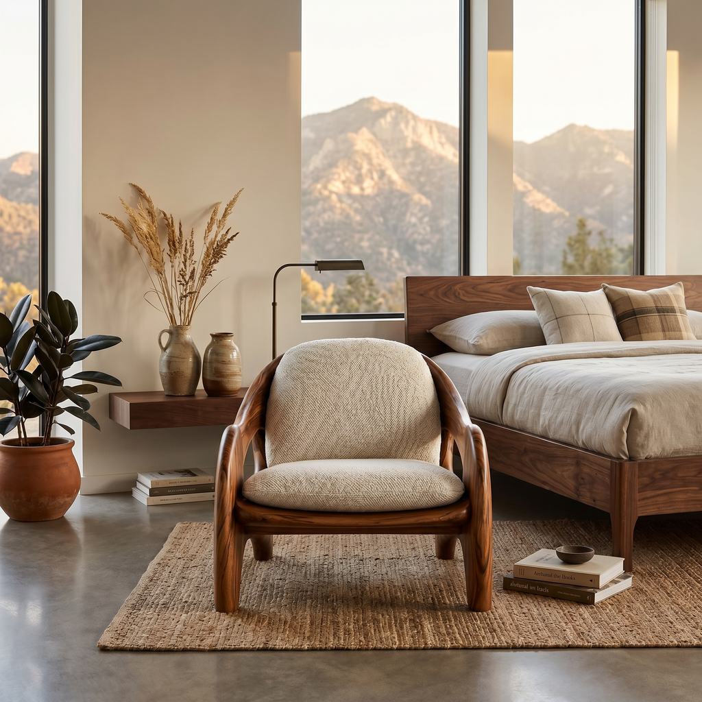 Sculptural Solid Wood Accent Chair with Upholstered Seat - view 2