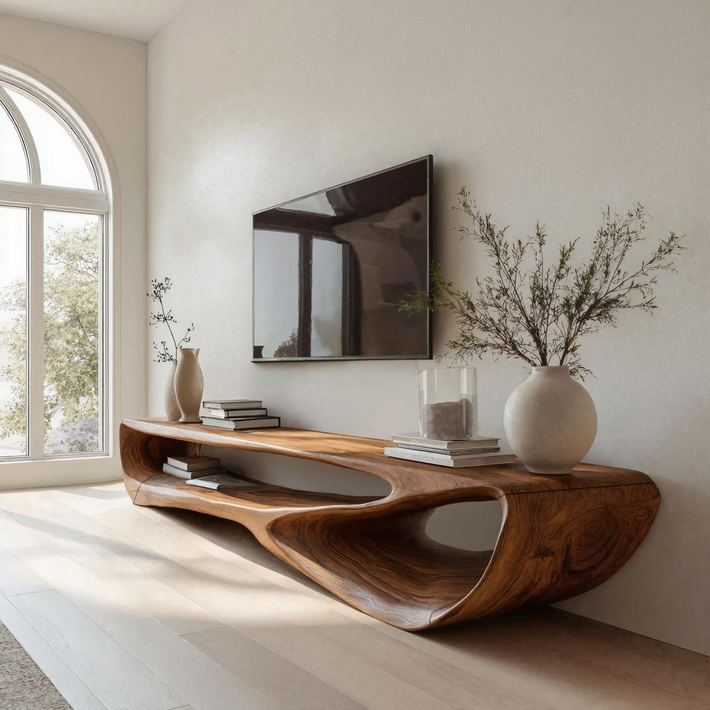 Curved Solid Wood Low TV Console with Open Center - view 3