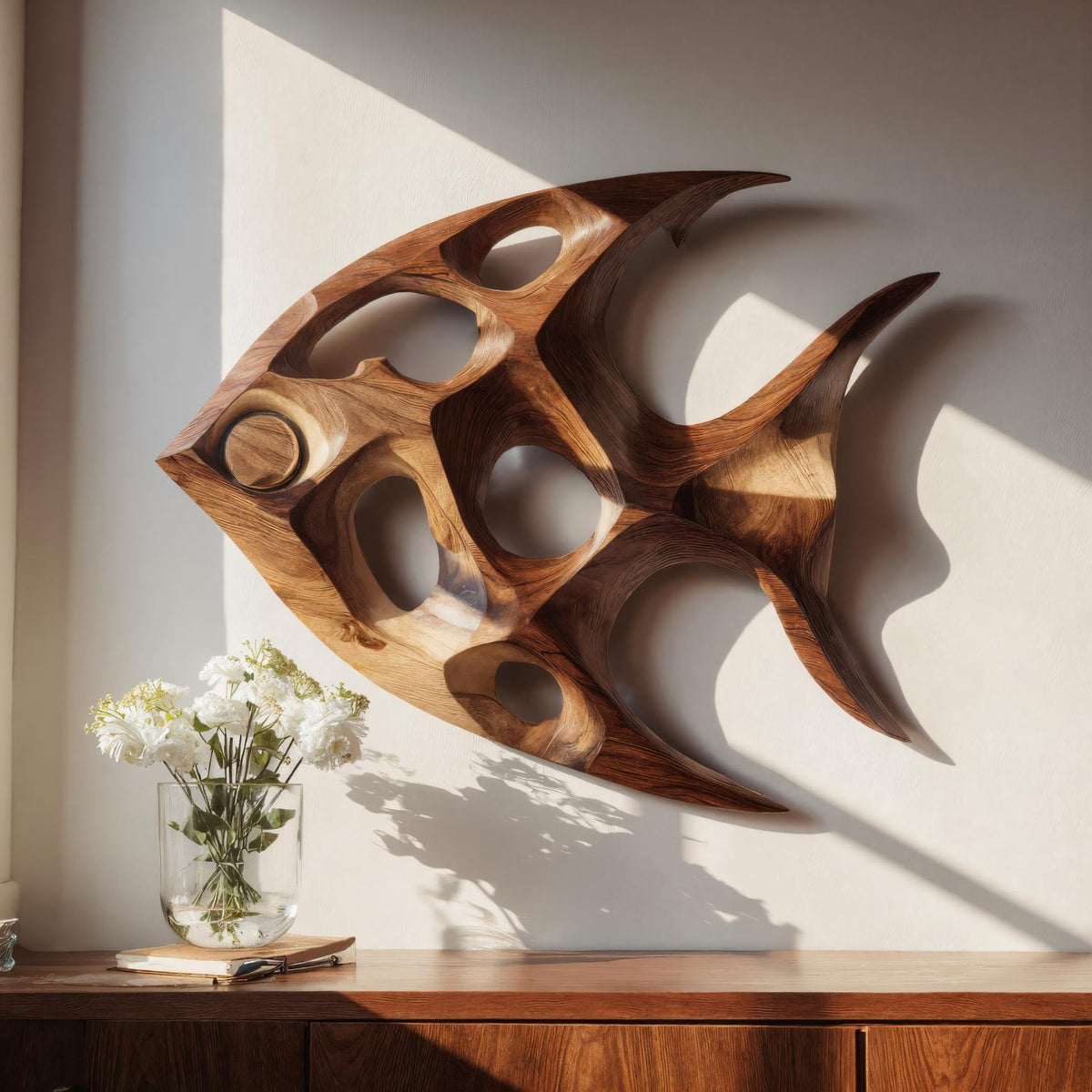 Fish Inspired Sculptural Solid Wood Wall Art with Open Voids - view 3