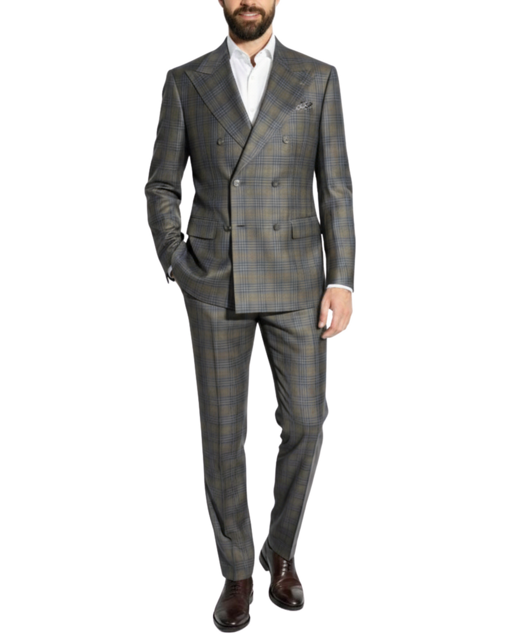 Men's Green Blue Plaid Double Breasted Modern Fit Wool 2-Button Suit