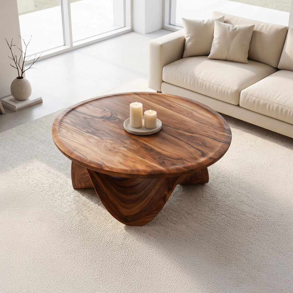 Round Solid Wood Coffee Table with Flowing Sculptural Base - view 3