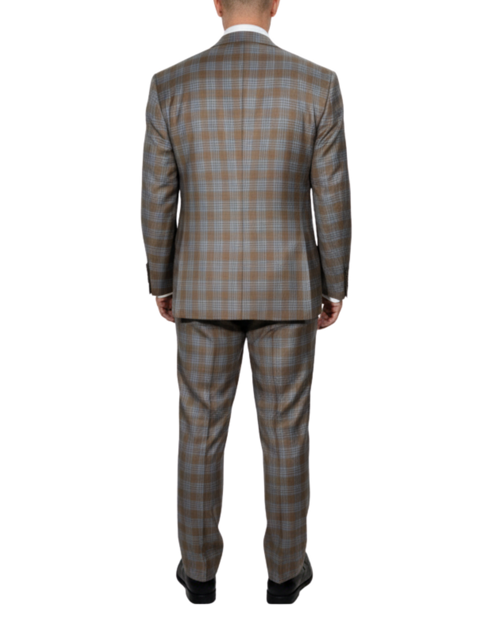 Men's Beige Light Blue Plaid Modern Fit Peak Lapel Wool 2-Button Suit