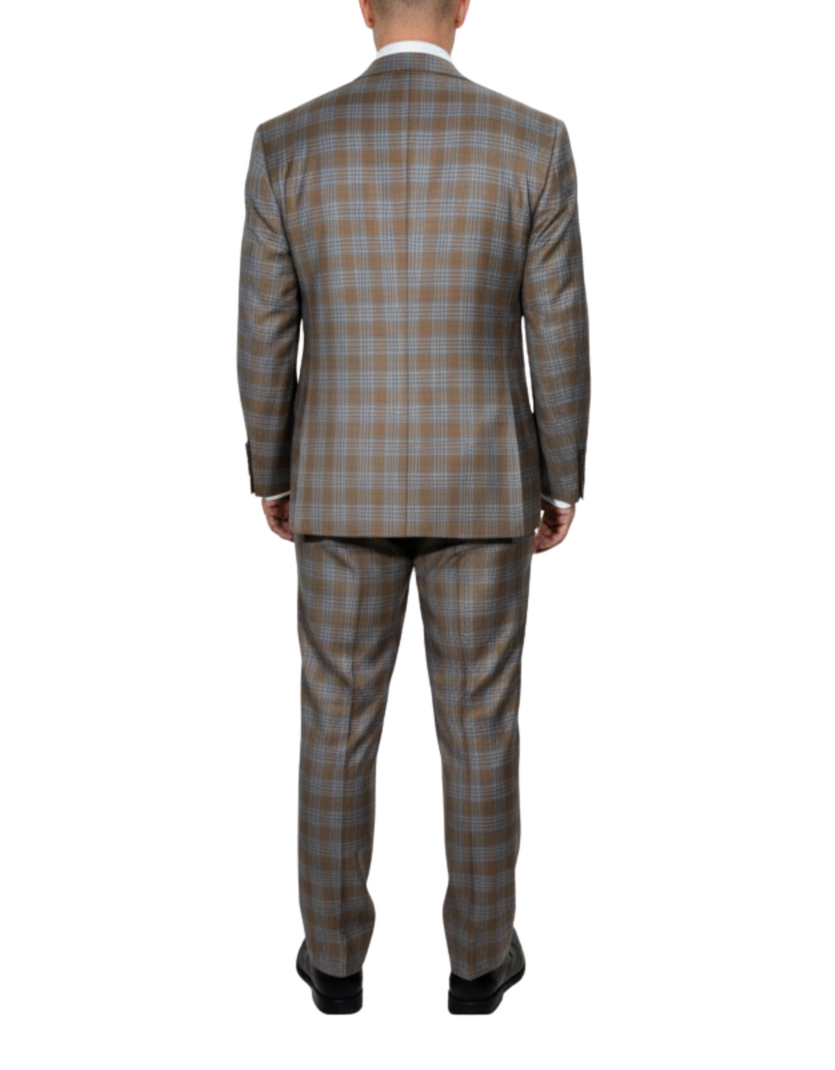 Men's Beige Light Blue Plaid Modern Fit Peak Lapel Wool 2-Button Suit