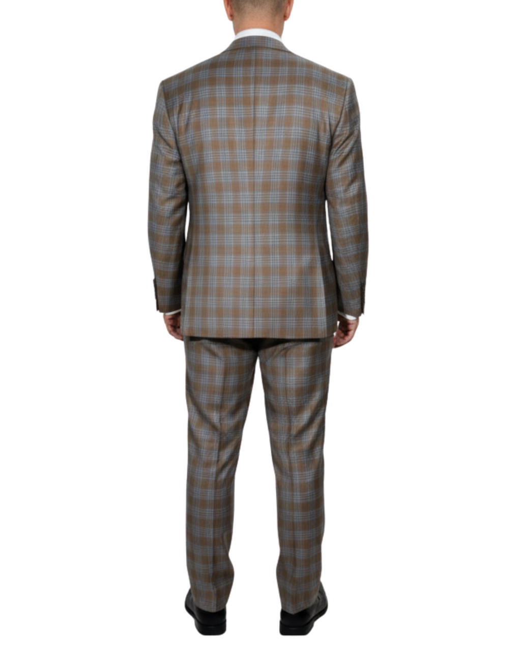Men's Beige Light Blue Plaid Slim Fit Peak Lapel Wool 2-Button Suit