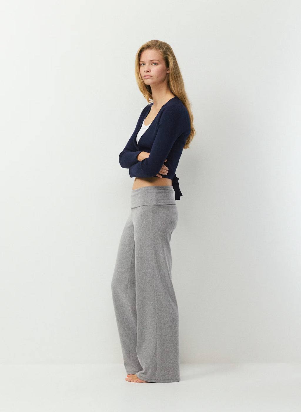 Wrap-Style Waist-Length Knit Top - Pink
