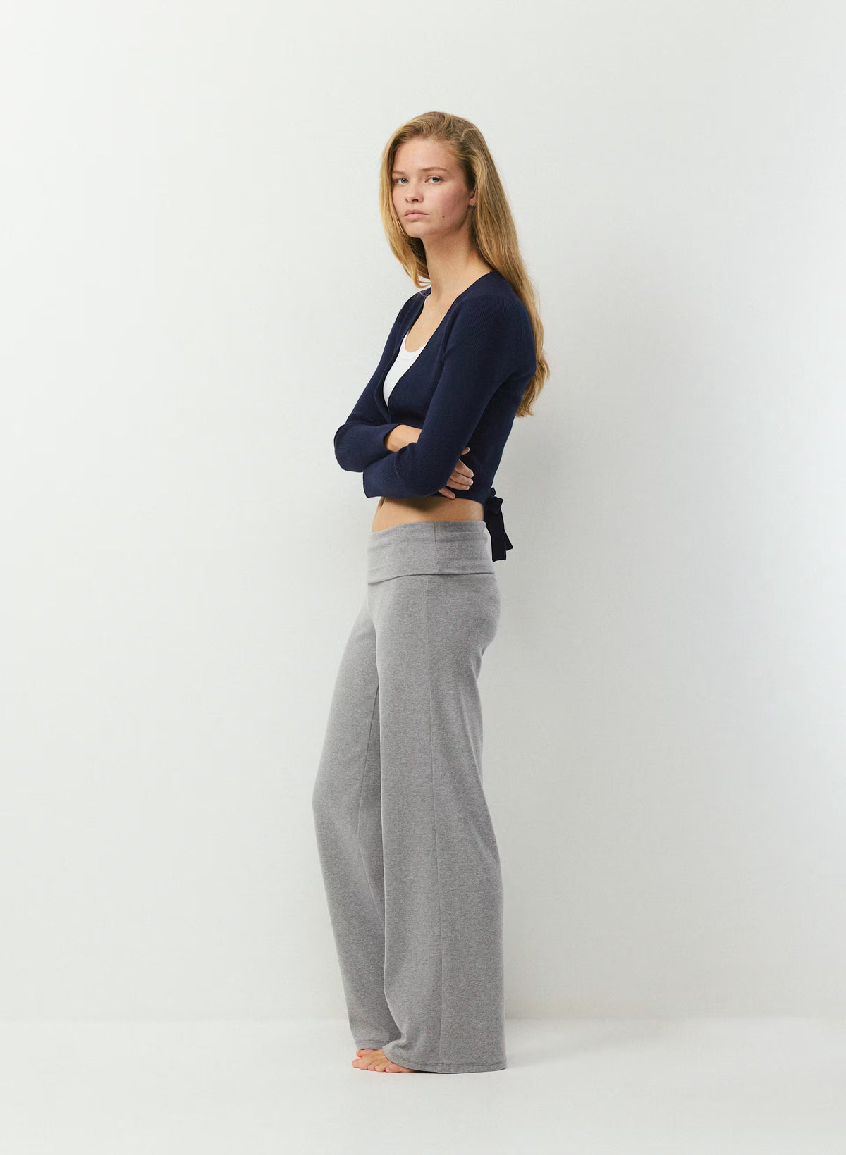 Wrap-Style Waist-Length Knit Top - Pink