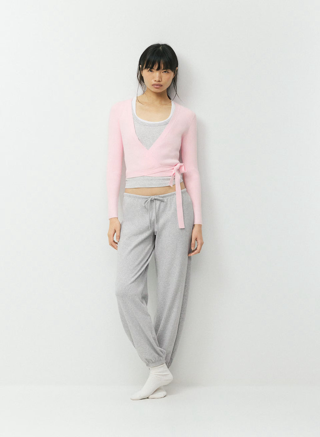 Wrap-Style Waist-Length Knit Top - Pink