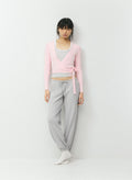 Wrap-Style Waist-Length Knit Top - Pink
