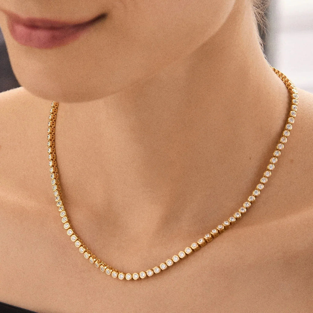 Gold-Plated Round Crystal Tennis Necklace