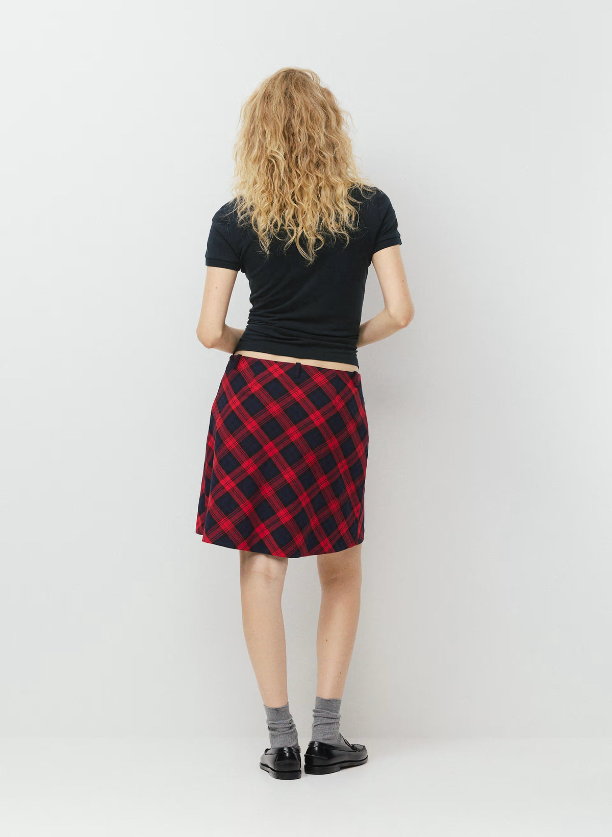 Low-Rise Knee-Length Twill Skirt - Navy Plaid