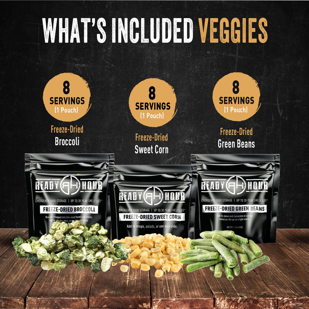 Ready Hour, Fruit & Veggie Mix, Non-Perishable Freeze-Dried Food, 30-Year Shelf Life, Portable Emergency and Adventure Food Supply, Durable Flood