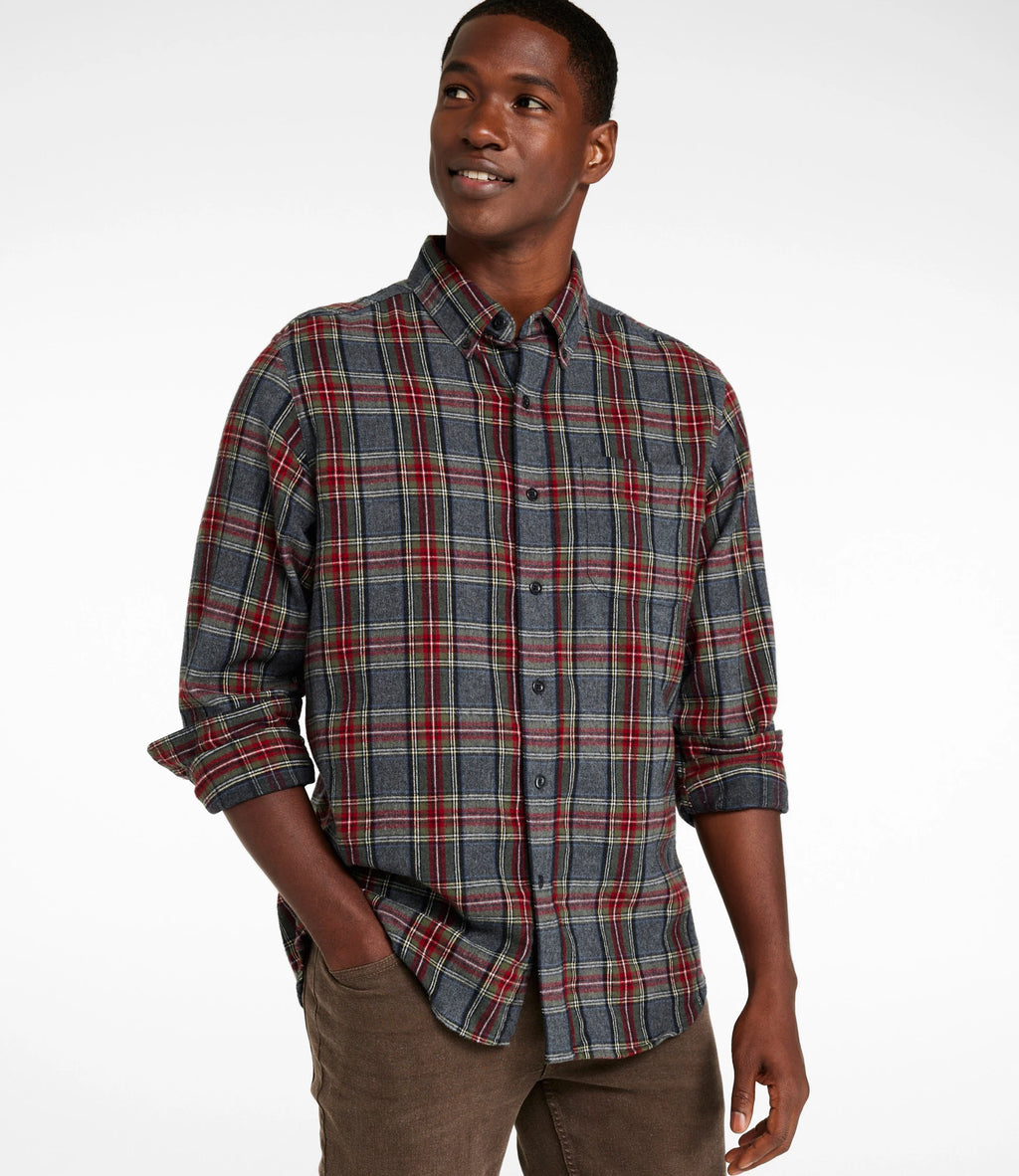 Men's Cotton Flannel Button-Down Shirt - Grey Plaid