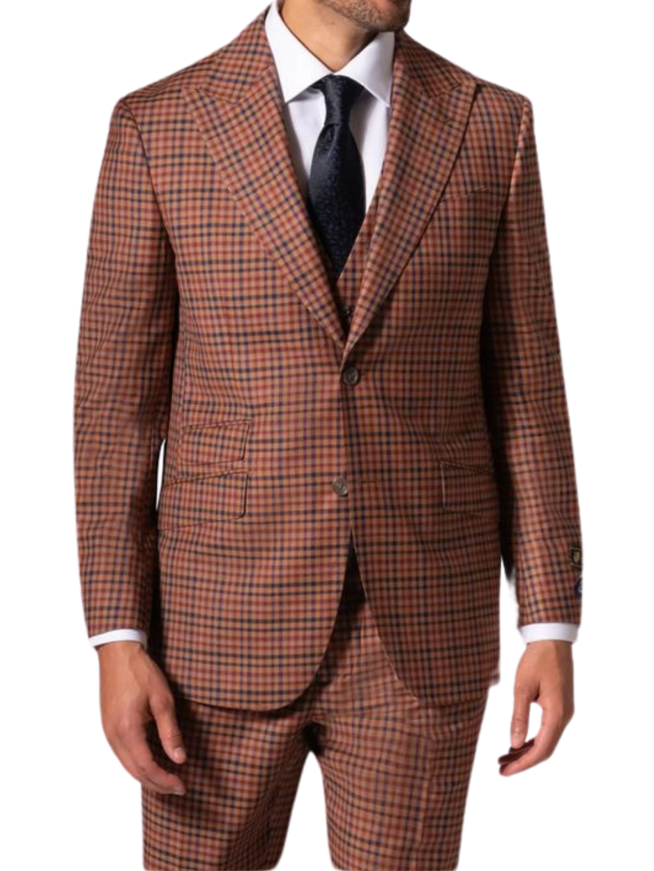 Men's Brown Plaid Modern Fit Wool 3-Piece Suit