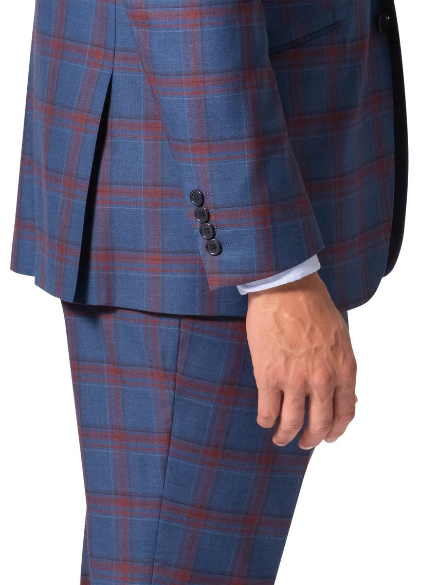 Men's Blue Plaid Classic Fit Wool 3-Piece Suit & Peak Lapels