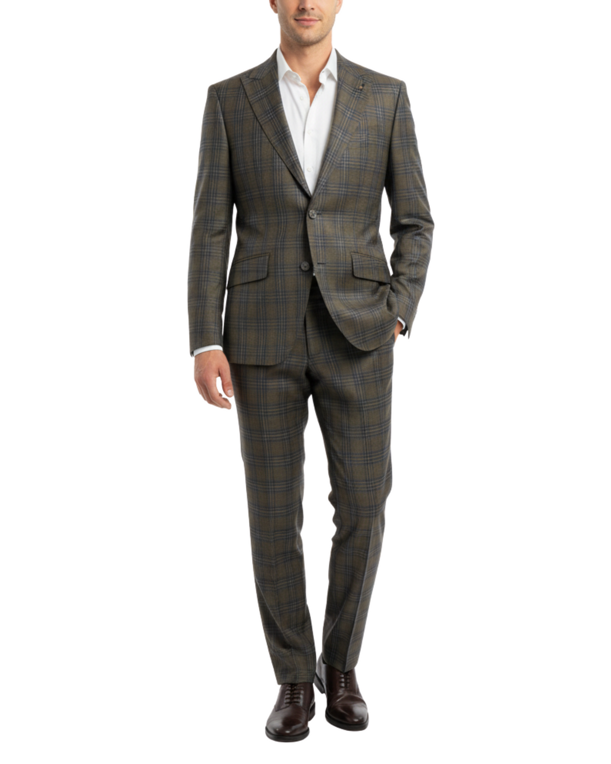 Men's Green Blue Plaid Slim Fit Peak Lapel Wool 2-Button Suit