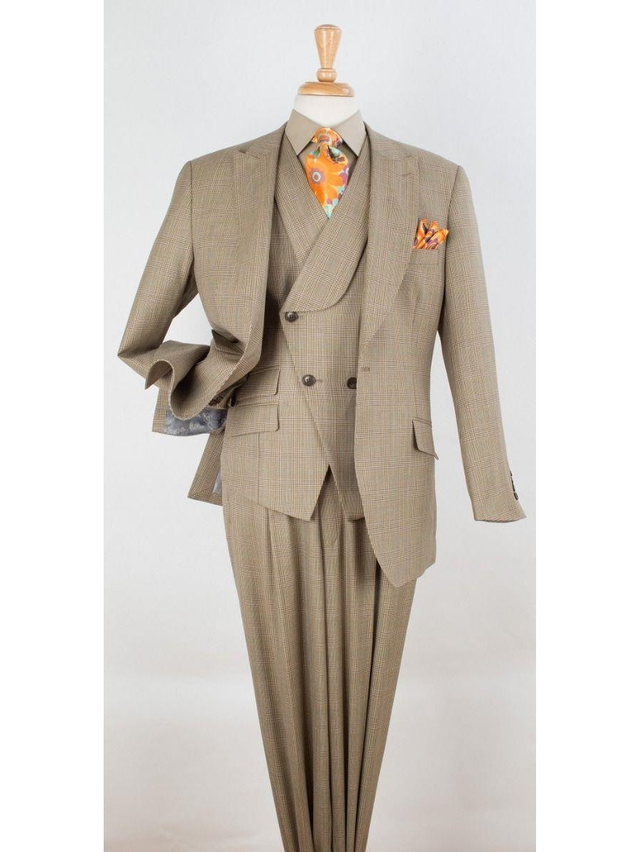 Men's Classic Fit Tan Check Wool 3-Piece Suit