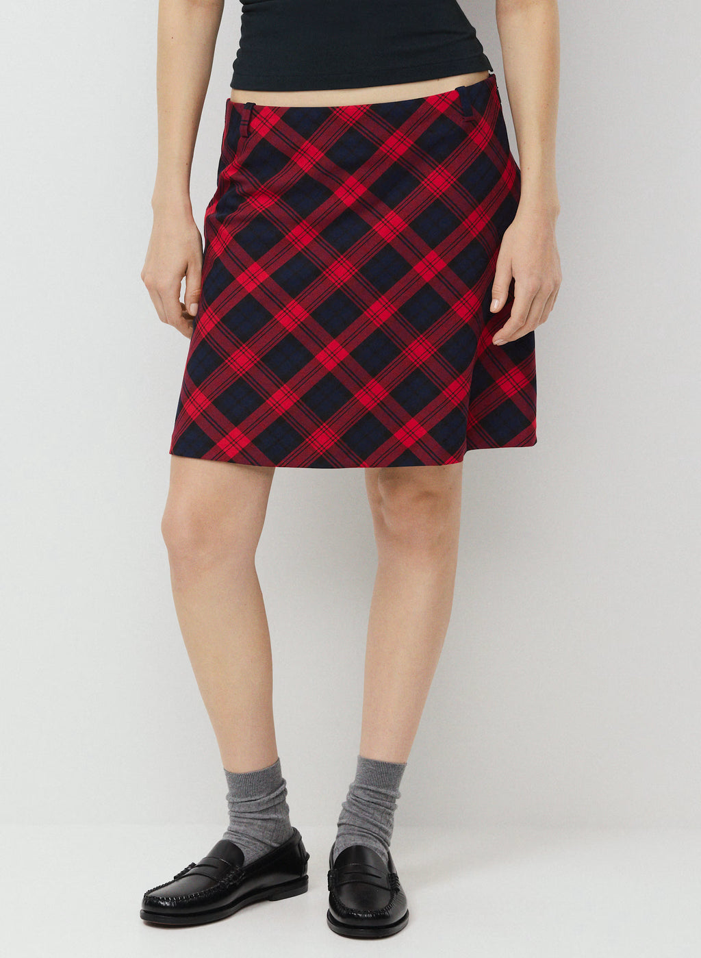 Low-Rise Knee-Length Twill Skirt - Navy Plaid