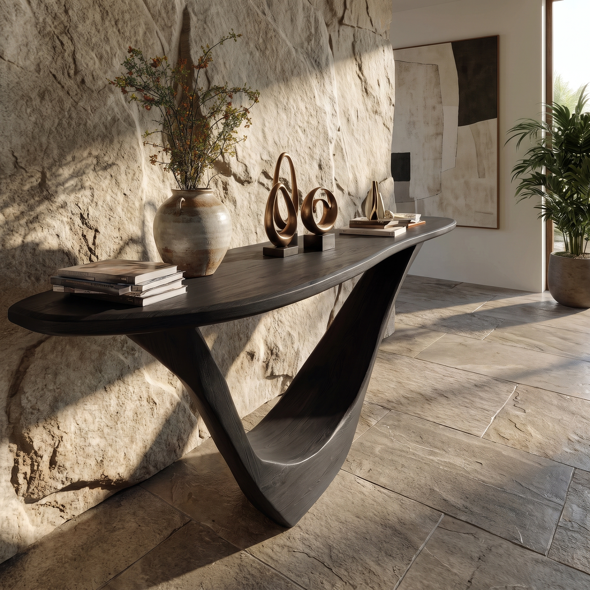 Solid Hardwood Console Table with Open Geometric Sculpted Base in Black finish