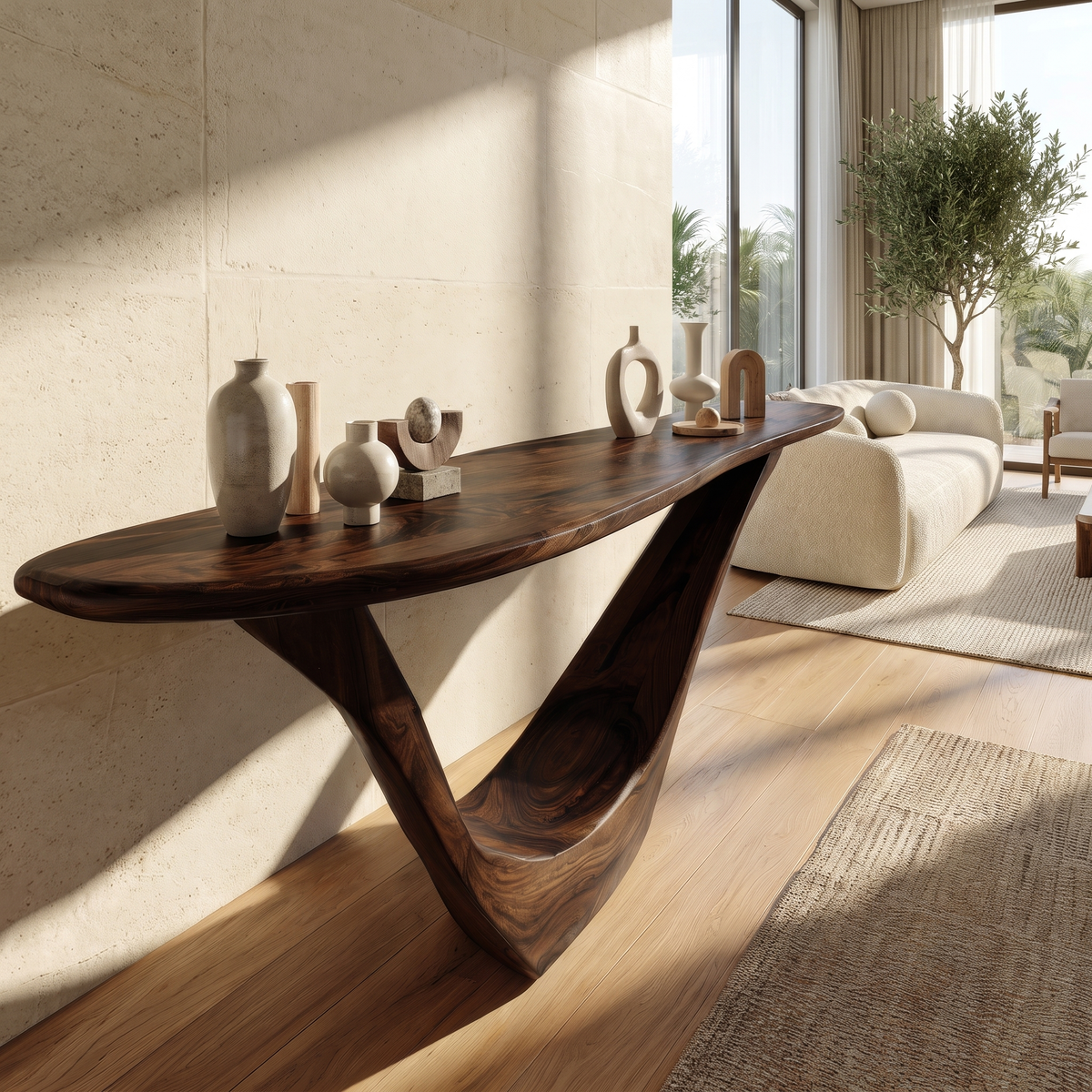 Solid Hardwood Console Table with Open Geometric Sculpted Base in Dark Walnut finish