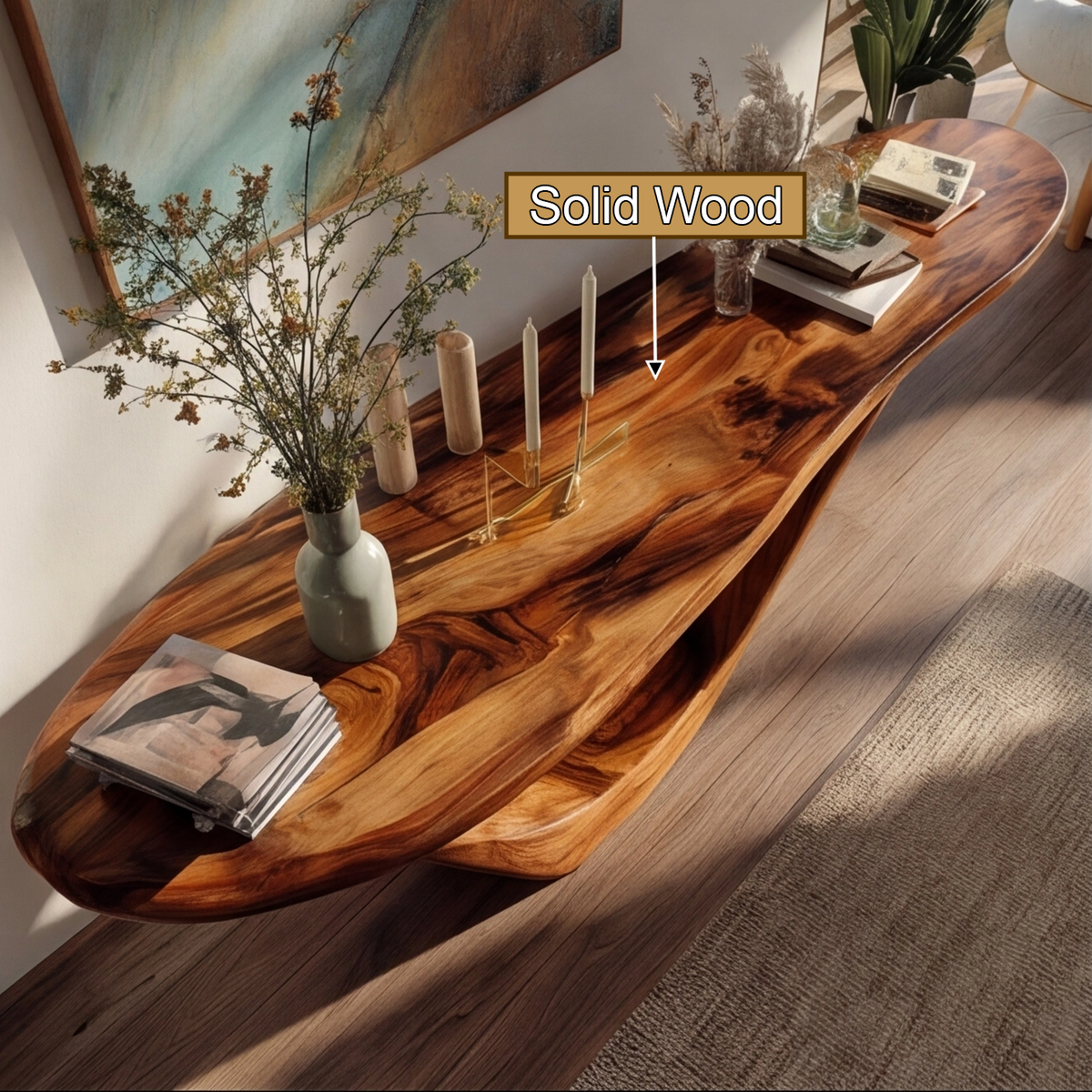 Solid Hardwood Console Table with Open Geometric Sculpted Base - view 12