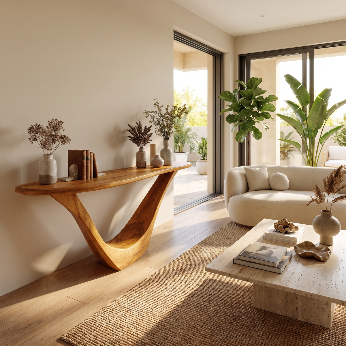 Solid Hardwood Console Table with Open Geometric Sculpted Base in Teak finish