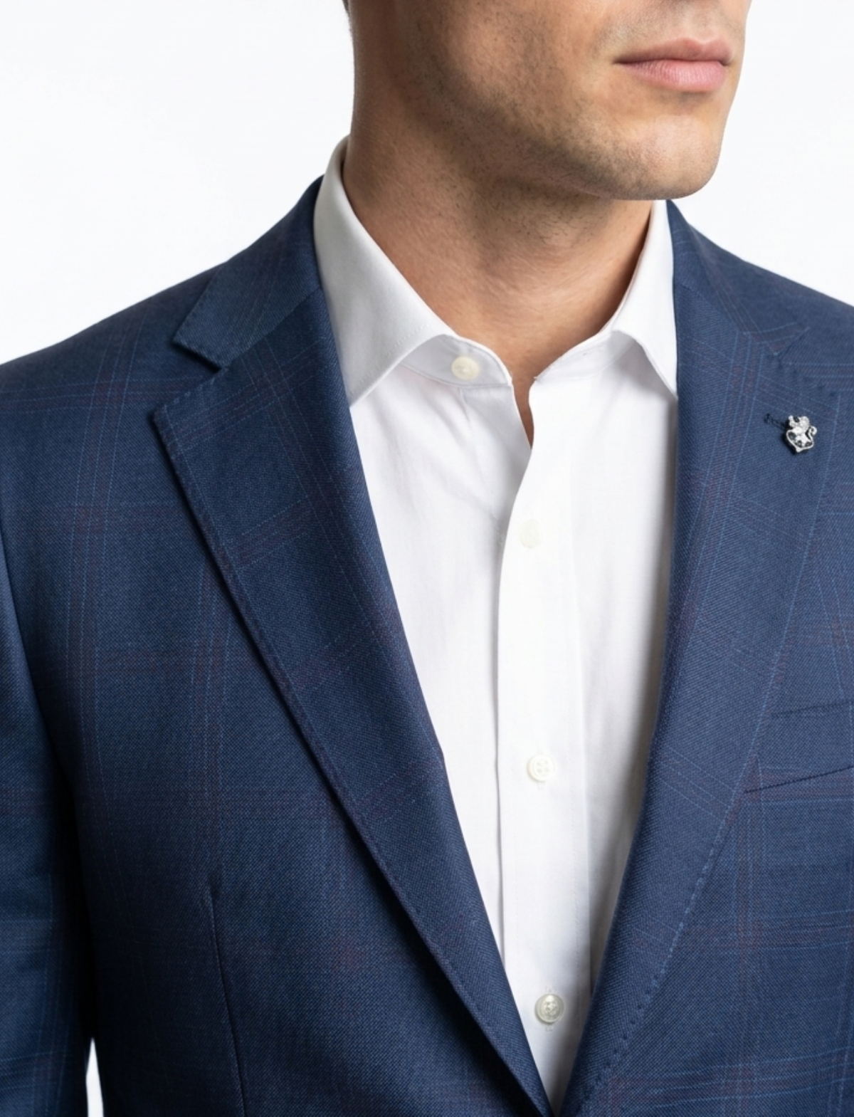 Men's Navy Windowpane Classic Fit Half Canvassed Wool 2-Button Suit