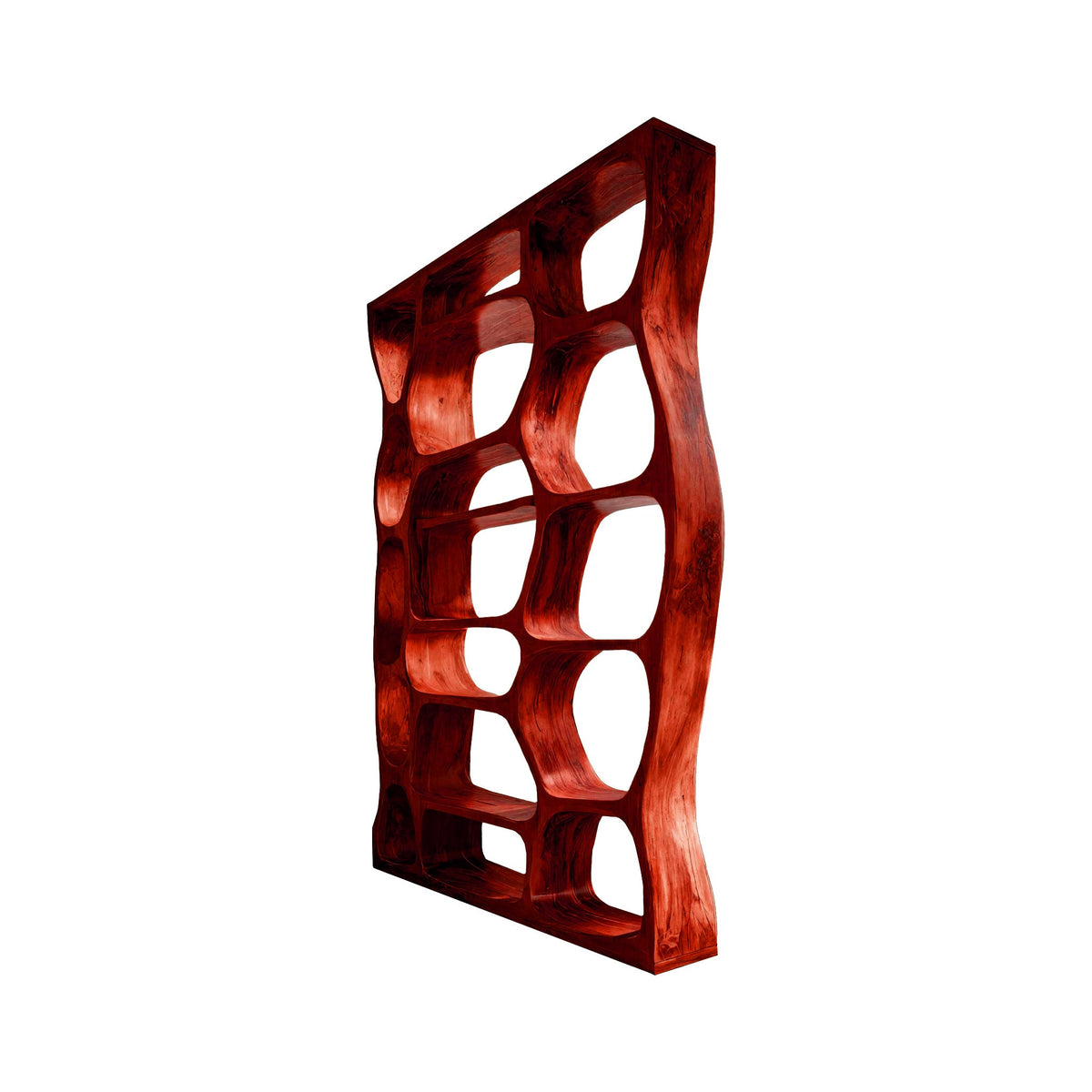 Sculpted Solid Hardwood Room Divider Bookshelf with Carved Openings in Mahogany finish
