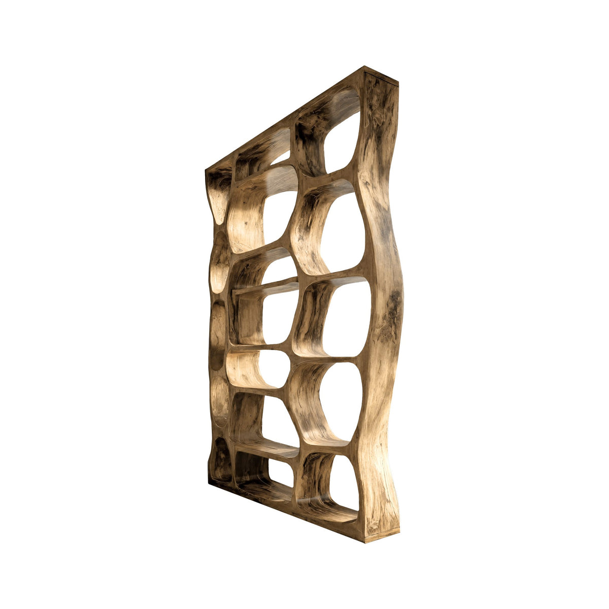 Sculpted Solid Hardwood Room Divider Bookshelf with Carved Openings in Natural Oak finish