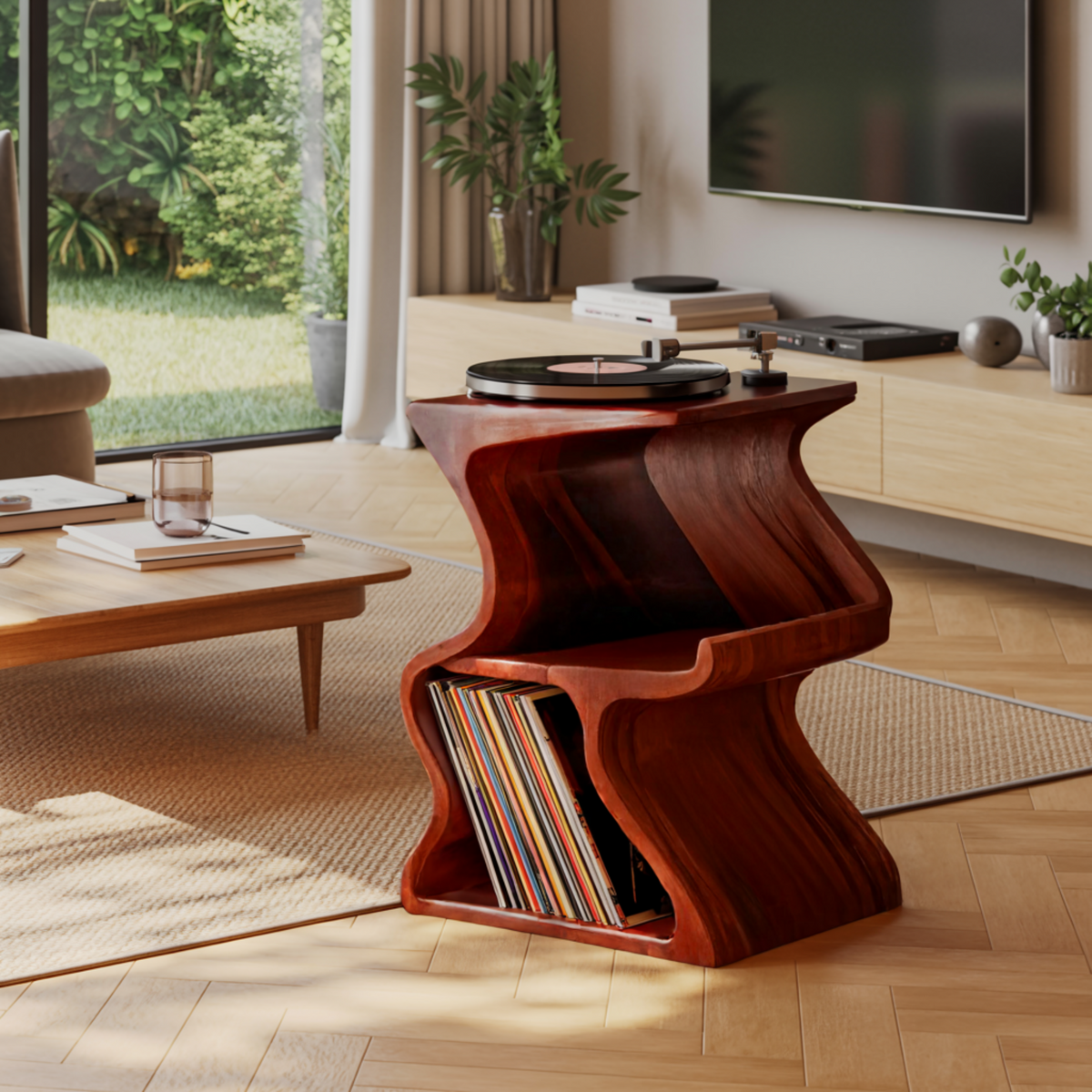 Solid Walnut Wave Record Player Stand with Vinyl Storage Tiers - view 2