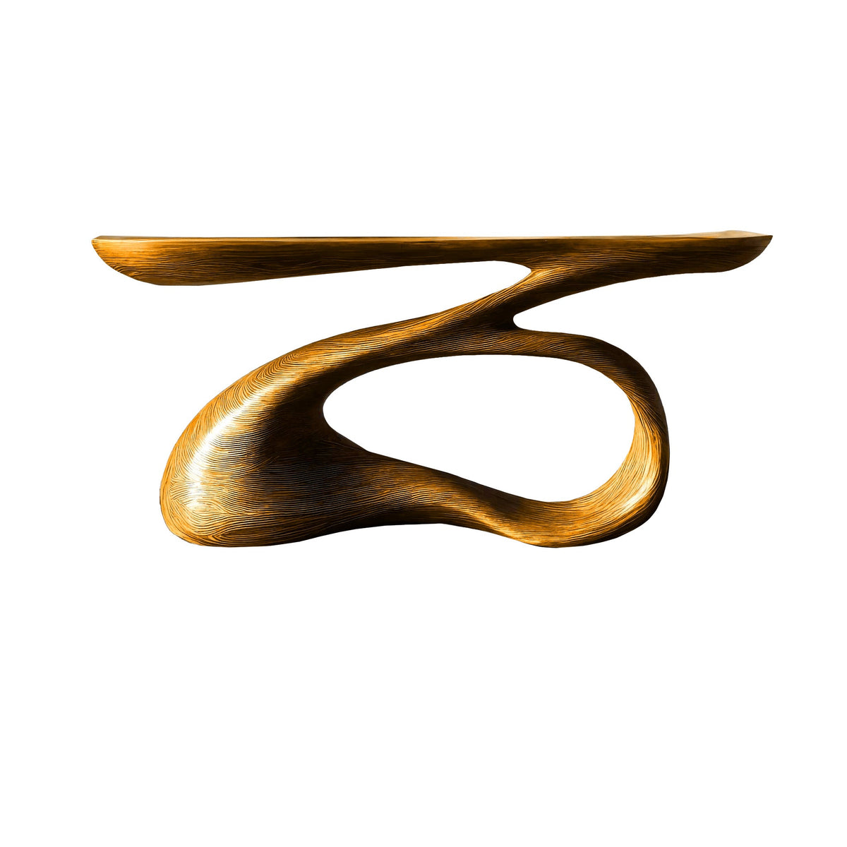 Solid Wood Console Table with Looping Sculptural Base in Teak finish