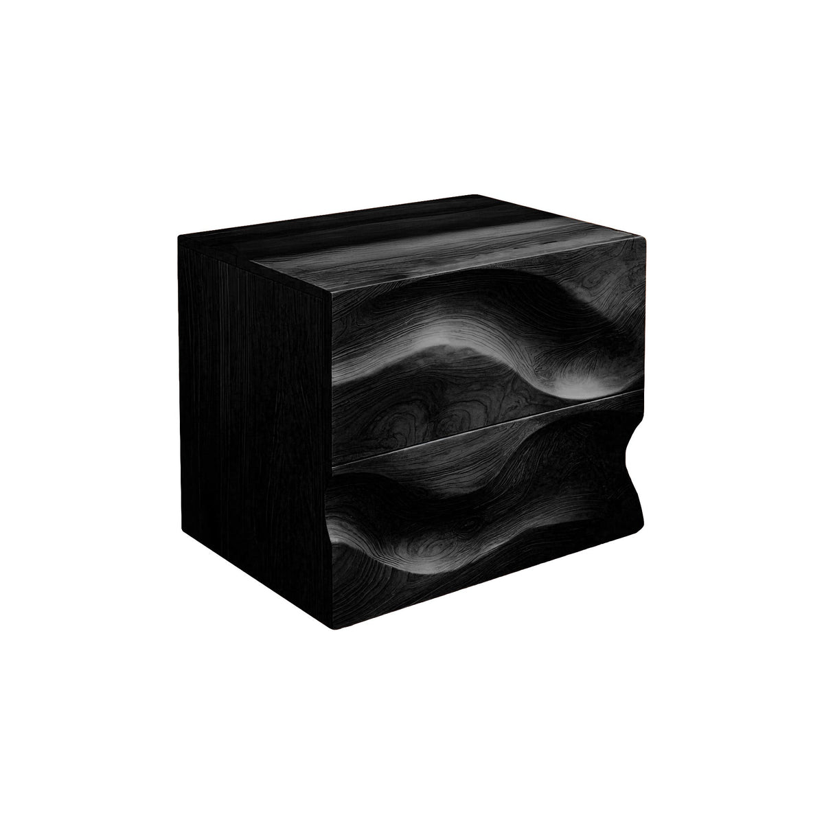 Hand-Carved Hardwood Wave Nightstand with Two Soft-Close Drawers in Black finish