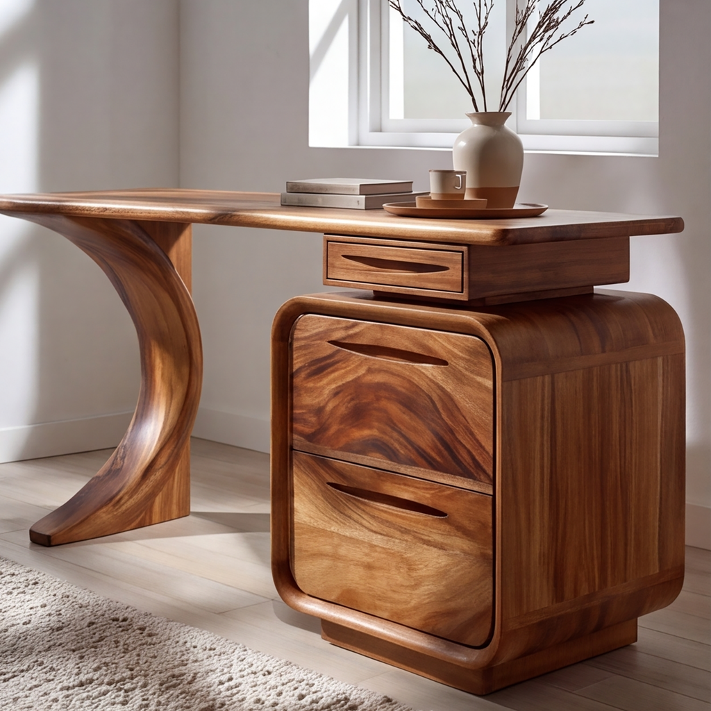 Solid Wood Waterfall Desk with Three-Drawer Pedestal - view 2