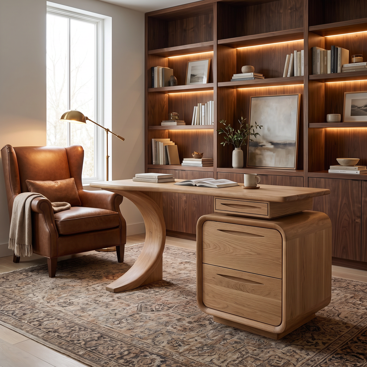 Solid Wood Waterfall Desk with Three-Drawer Pedestal in Natural Oak finish