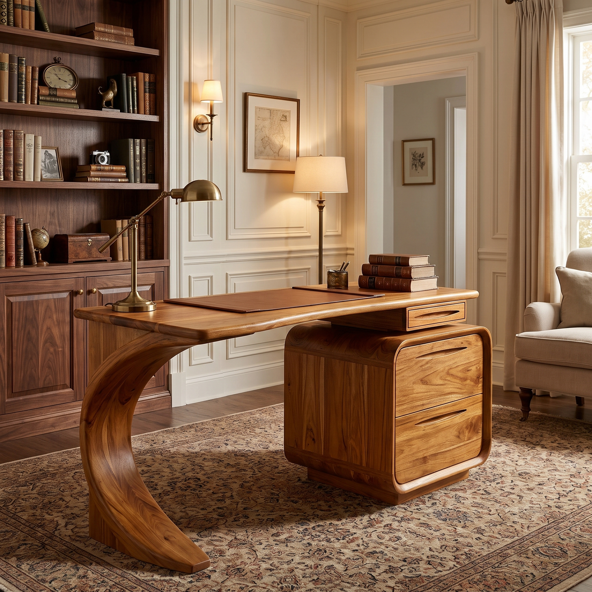 Solid Wood Waterfall Desk with Three-Drawer Pedestal in Teak finish