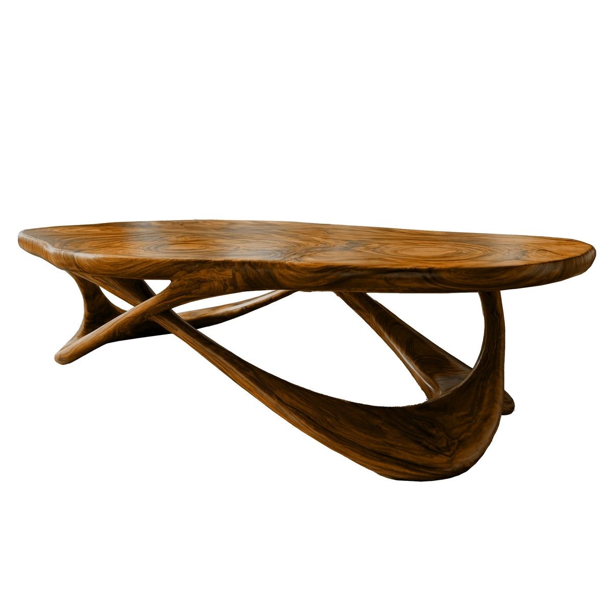 Live Edge Solid Wood Coffee Table with Interwoven Sculptural Base in Brown finish