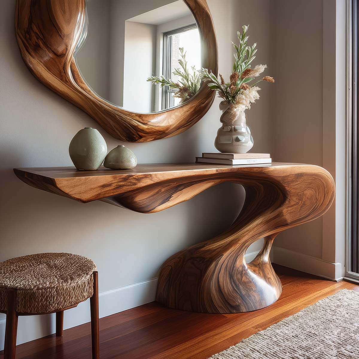 Sculpted Solid Hardwood Console Table with Flowing Pedestal Base
