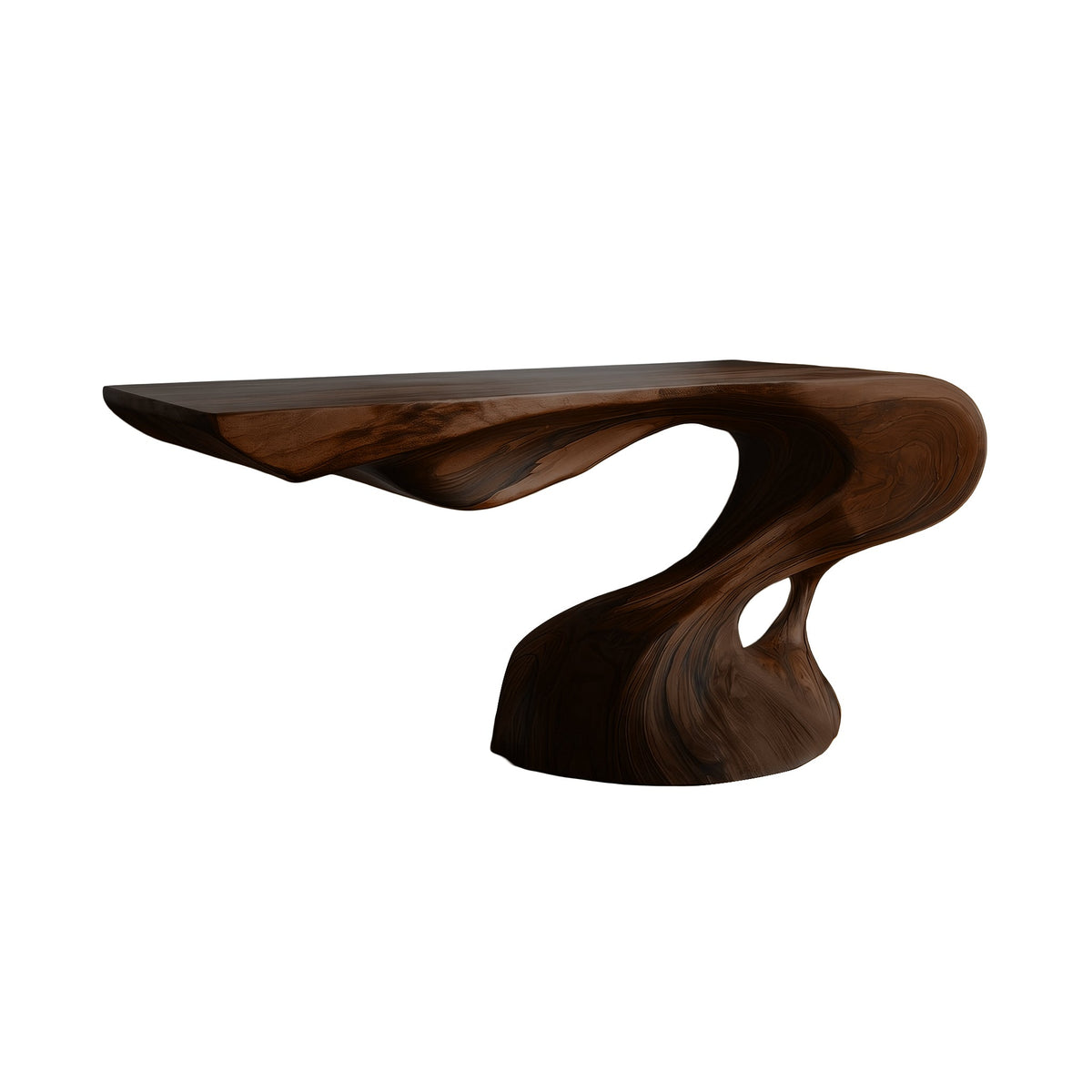 Sculpted Solid Hardwood Console Table with Flowing Pedestal Base in Dark Walnut finish