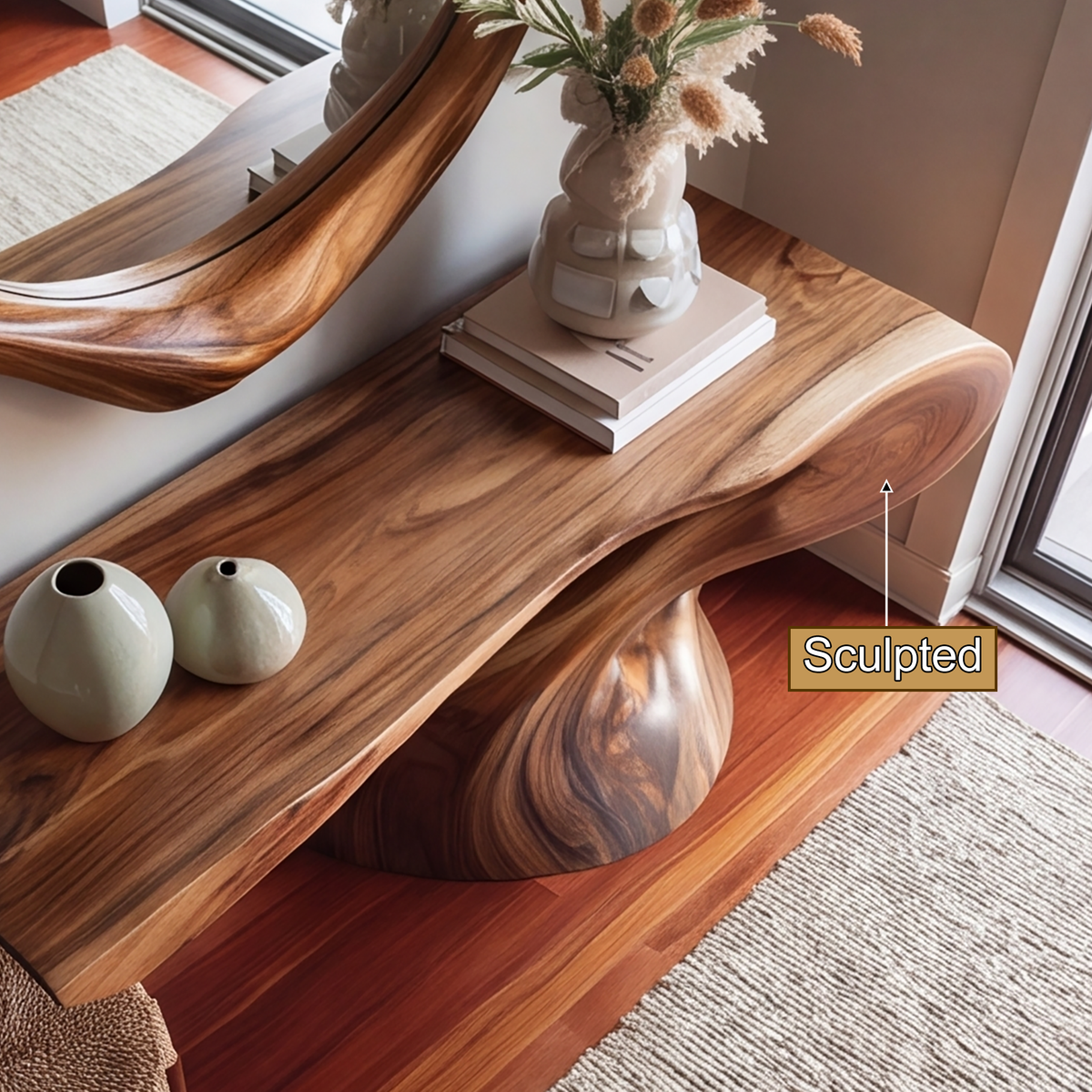 Sculpted Solid Hardwood Console Table with Flowing Pedestal Base - view 2