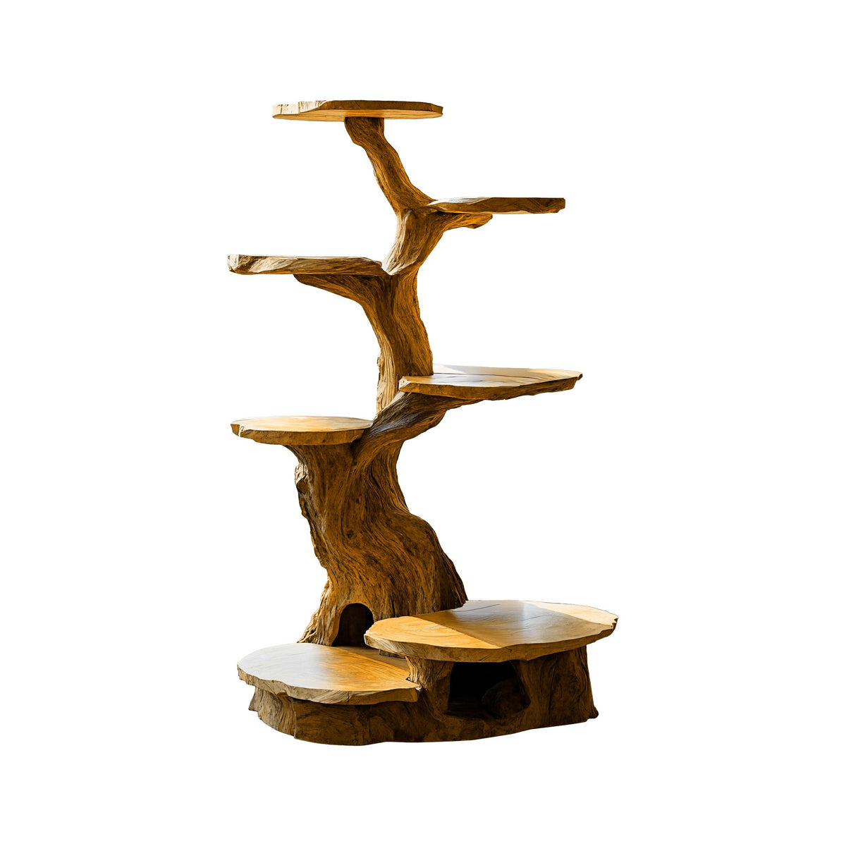 Branched Sculpted Solid Wood Cat Tree Shelf, Freestanding in Teak finish