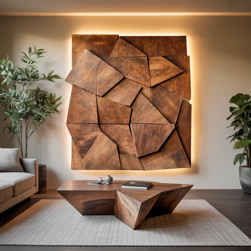 Solid Wood Geometric Wall Art with Layered Faceted Panels in Brown finish