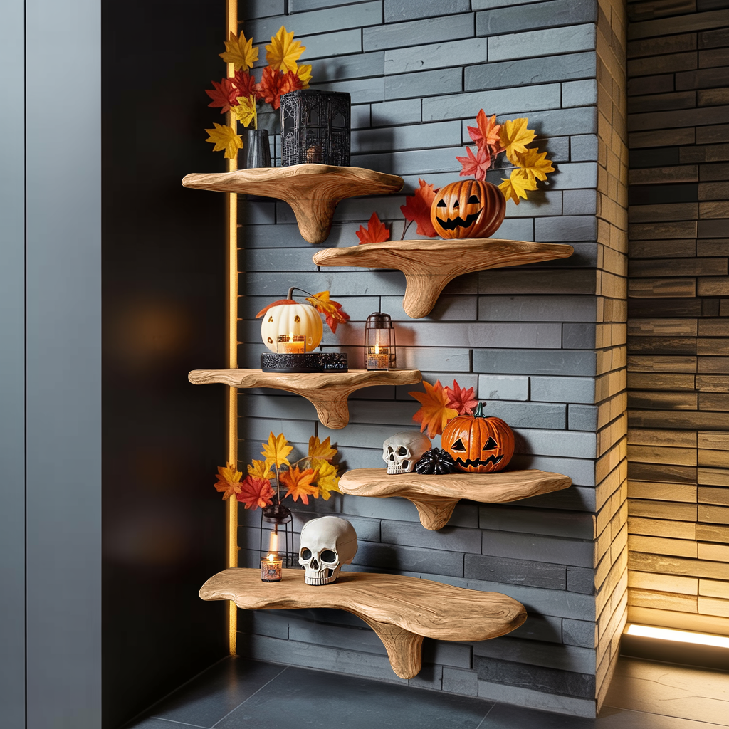 Live Edge Solid Wood Mushroom Floating Shelf, Mid-Century Style in Oak finish