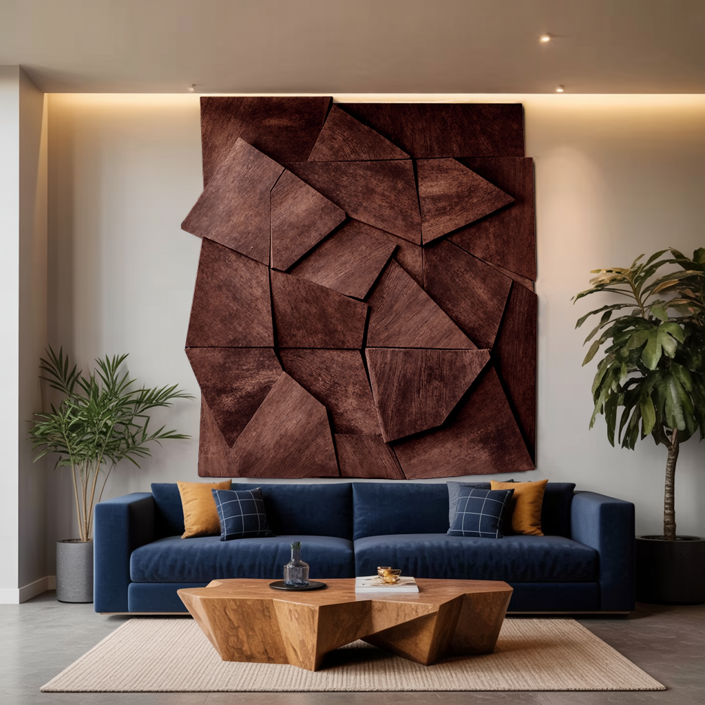 Solid Wood Geometric Wall Art with Layered Faceted Panels in Walnut finish